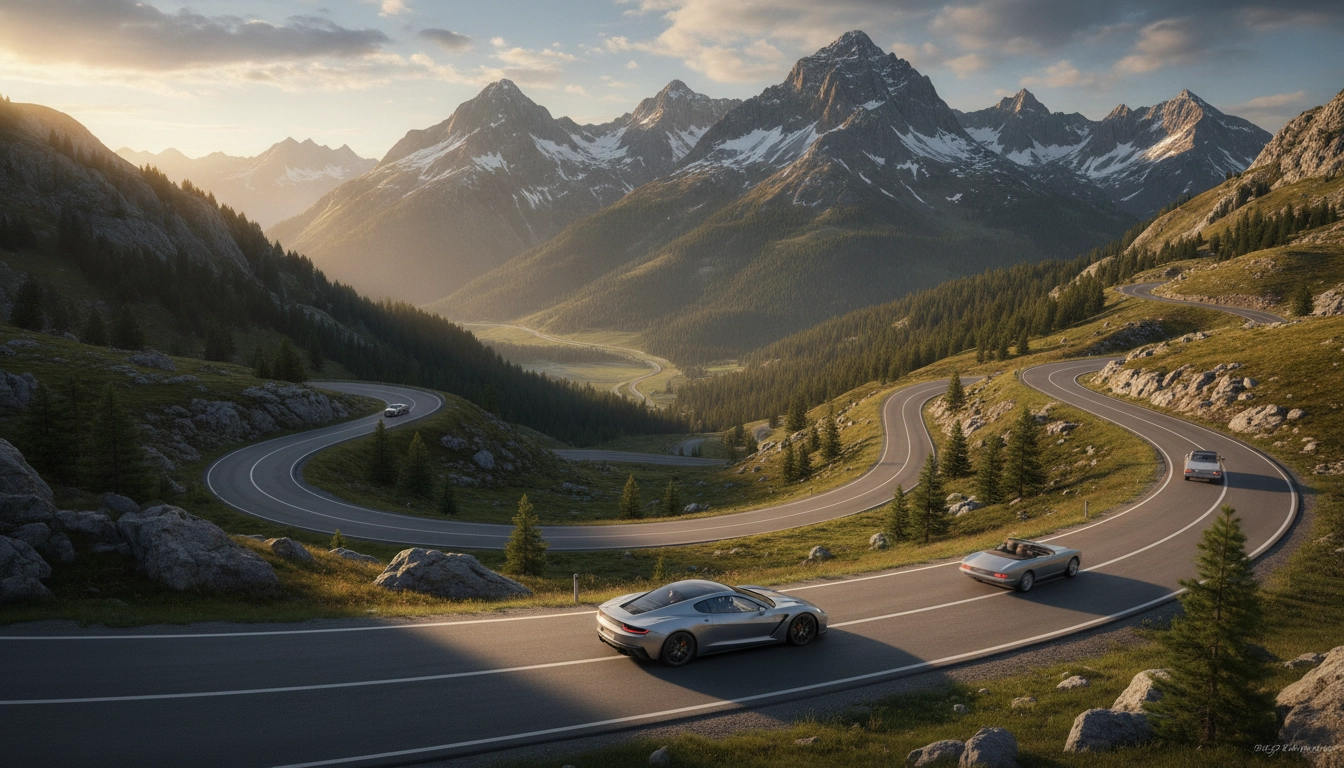 Route sinueuse des cols montagne mythiques dans les Alpes françaises au lever du soleil