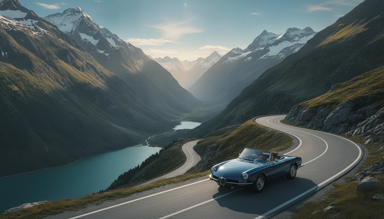 Vue panoramique d'une voiture sur une route sinueuse lors d'un cols de montagne mythiques Alpes itinéraire road trip