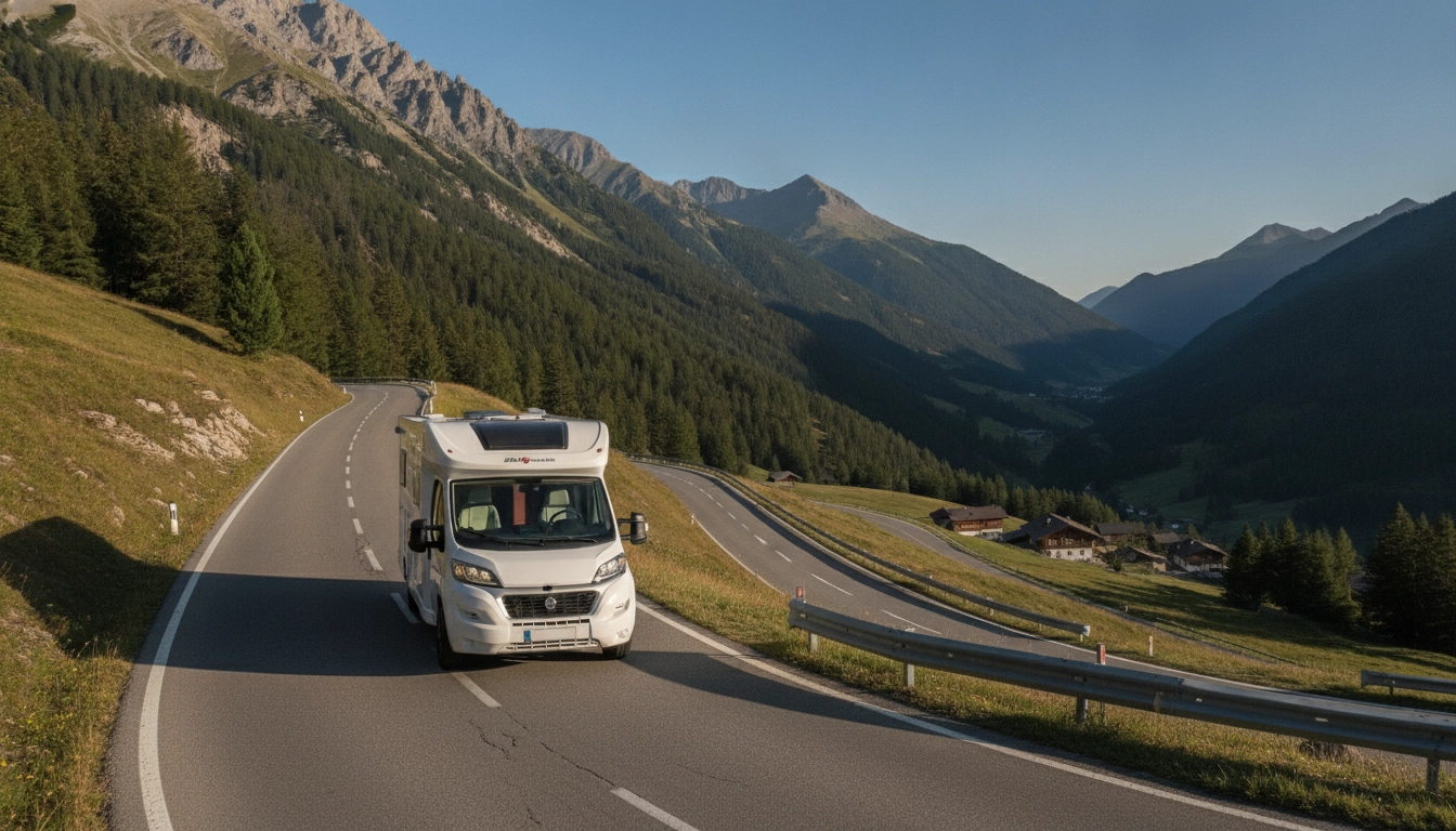 Un camping-car circulant prudemment sur une route de montagne sinueuse avec des sommets enneigés en arrière-plan.