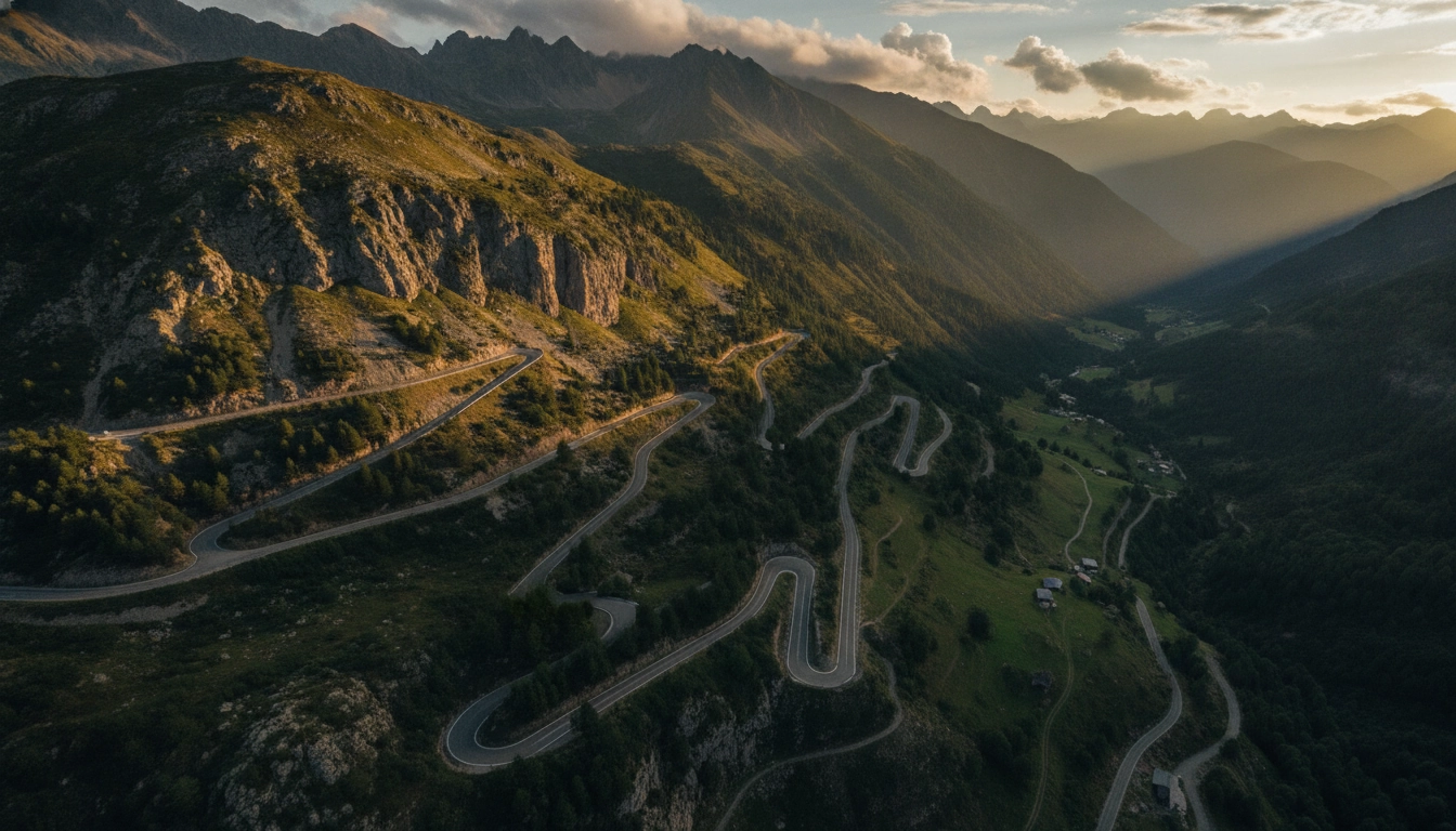 Vue aérienne d'une route sinueuse pour conduire routes montagne dans les Alpes françaises avec virages en lacets