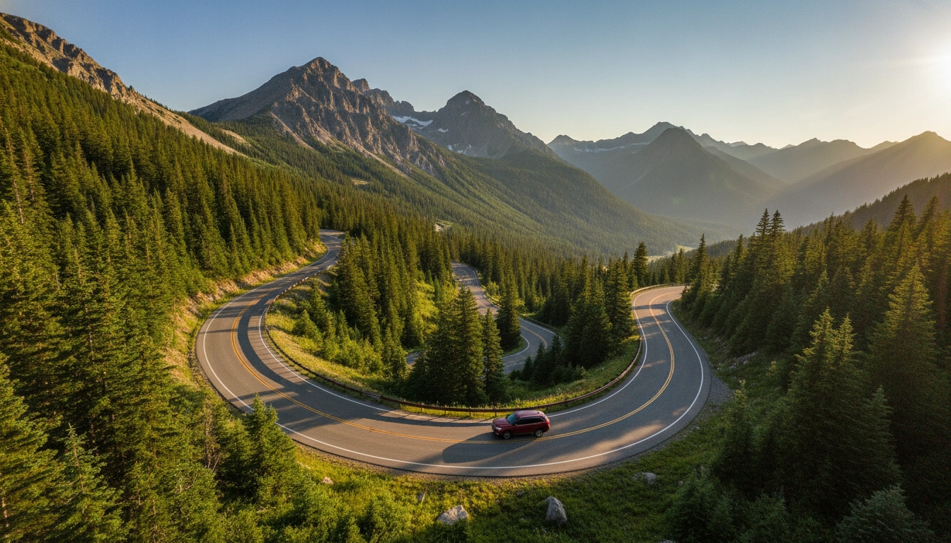 Voiture qui aborde un virage en épingle en conduisant sur les routes de montagne alpines au coucher du soleil