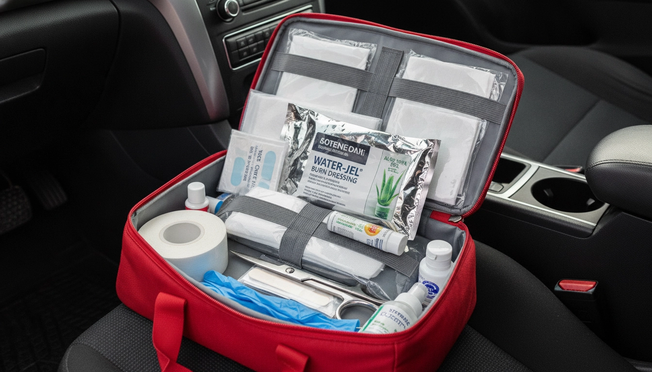 Trousse de premiers secours dans une voiture pour savoir quoi faire coup de soleil grave loin hôpital route