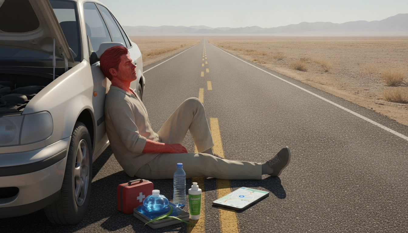 Un voyageur utilisant une trousse de secours pour traiter un coup de soleil sévère pendant un road trip.