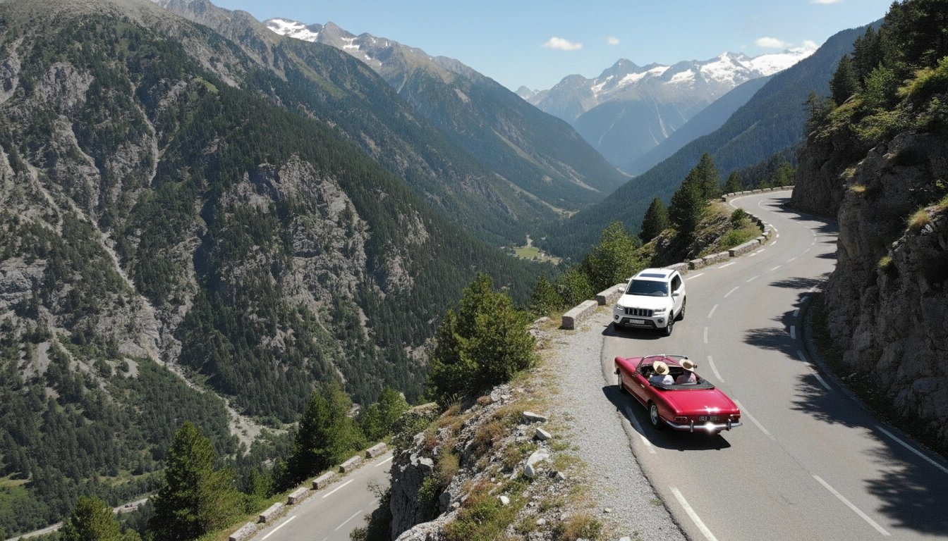 Exemple de courtoisie routière illustrant que faire si on croise un autre véhicule sur route étroite montagne.