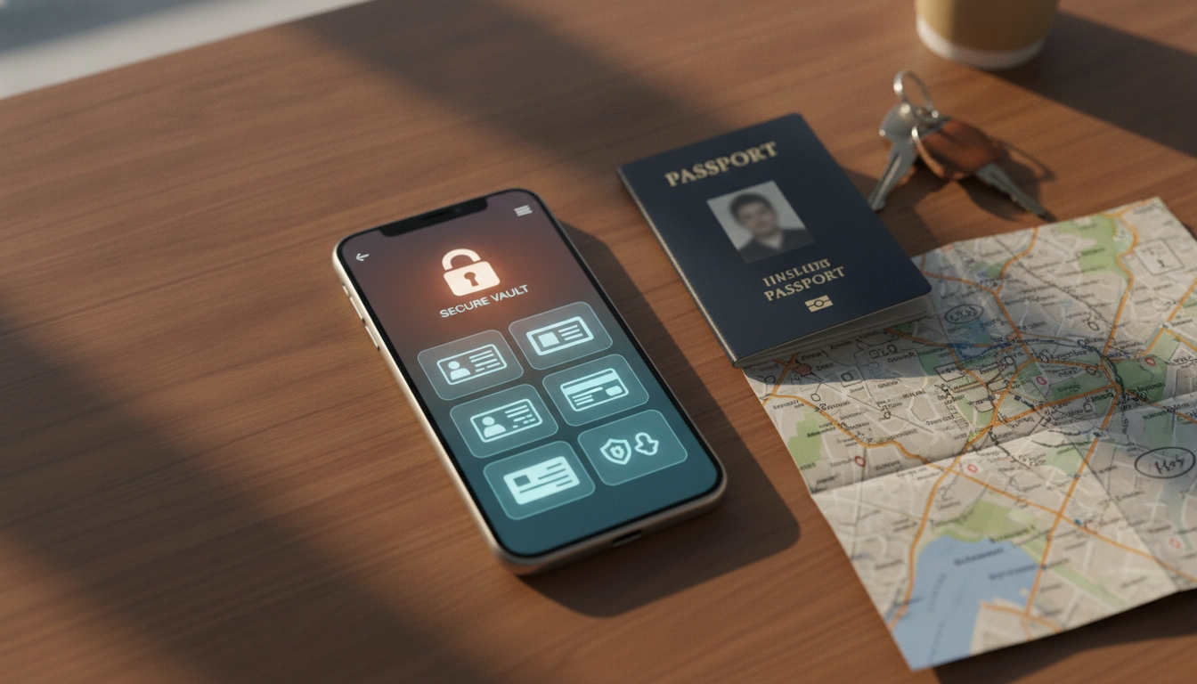 Smartphone affichant un coffre-fort numérique pour dématérialiser ses documents road trip application mobile.