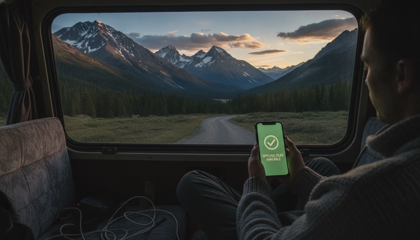 Voyageur consultant ses papiers d'identité hors-ligne sur son téléphone en pleine nature.