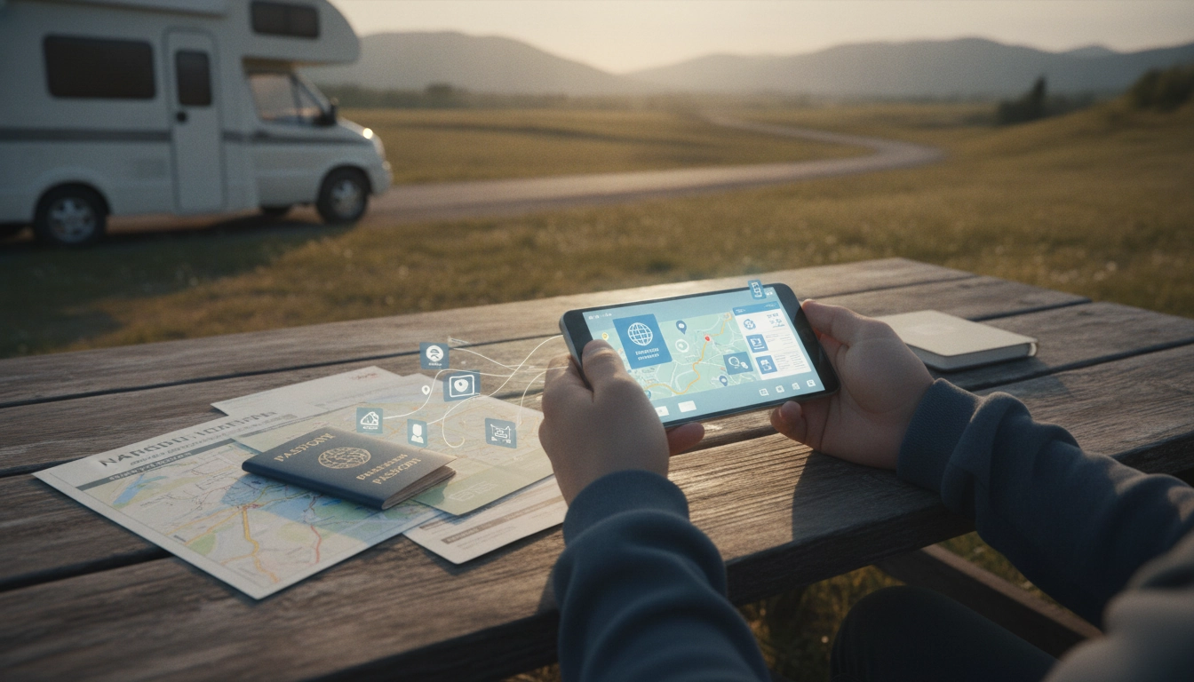Smartphone affichant un coffre-fort numérique sécurisé pour stocker des documents de voyage