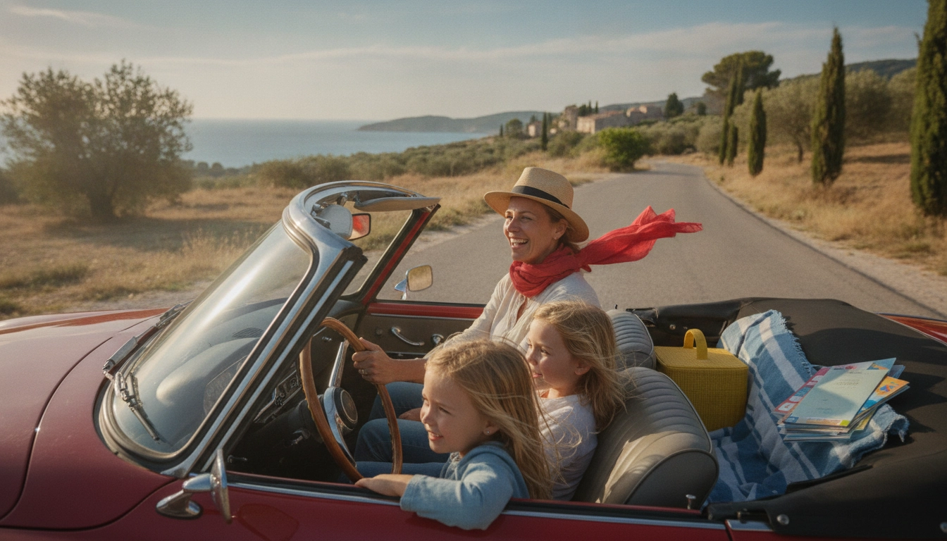 Une famille utilisant des devinettes géographiques enfants apprendre France voiture lors d'un trajet estival.