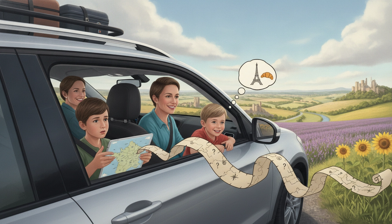 Enfants joyeux jouant à des devinettes géographiques pour apprendre la France en voiture