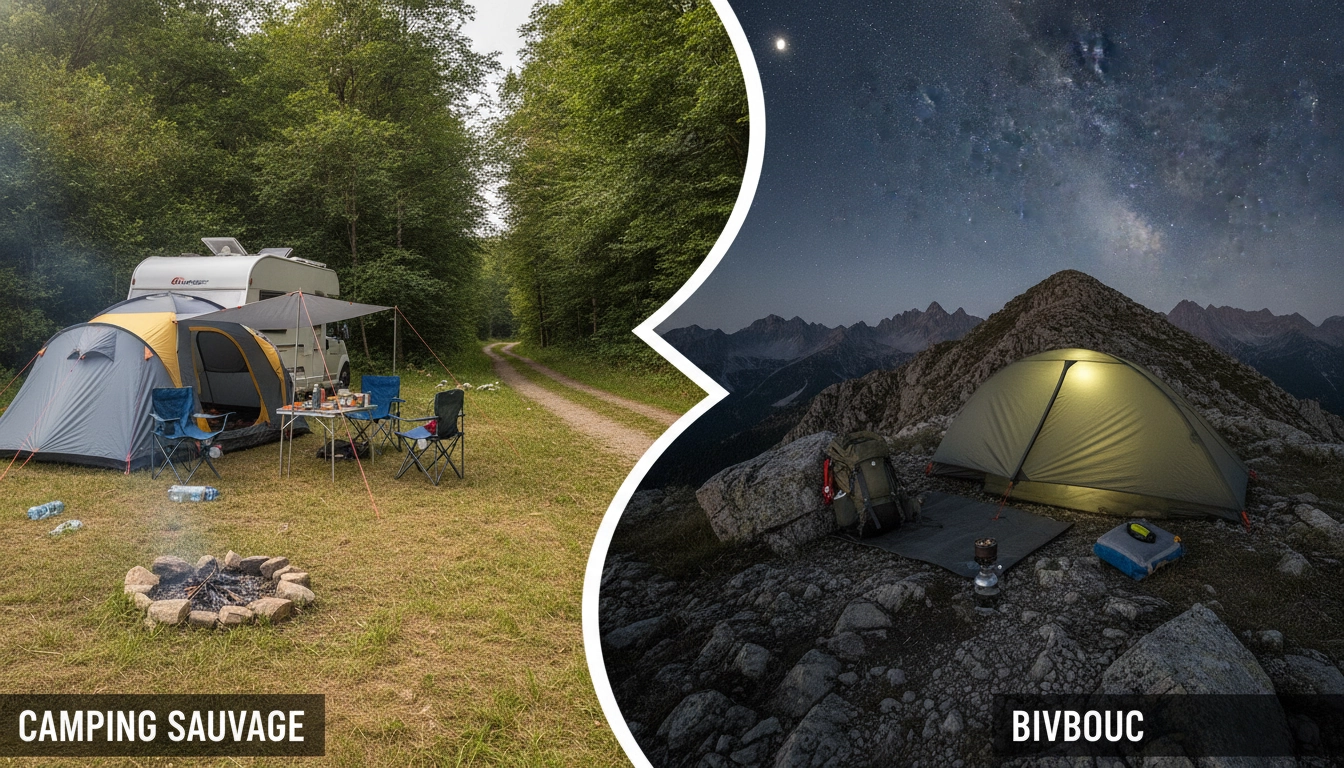 Randonneur observant un paysage de montagne, illustrant la différence entre camping sauvage et bivouac en France.