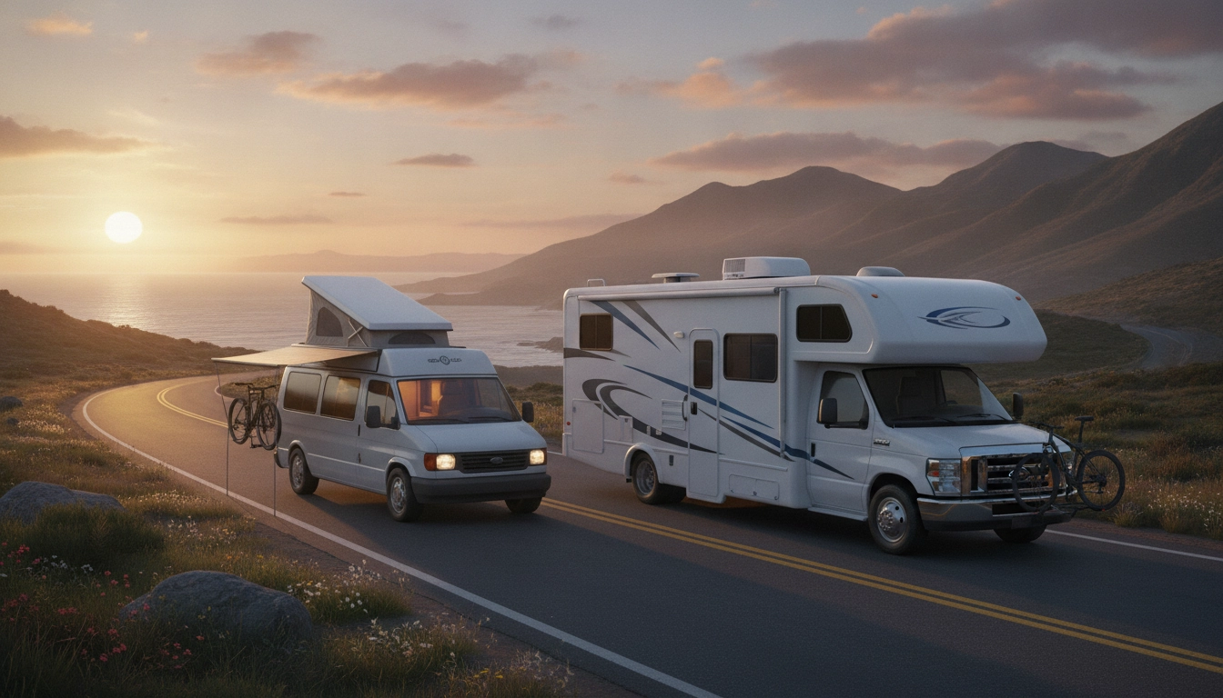Une comparaison visuelle montrant la différence entre van aménagé et camping car à louer pour voyager dans un paysage montagneux.