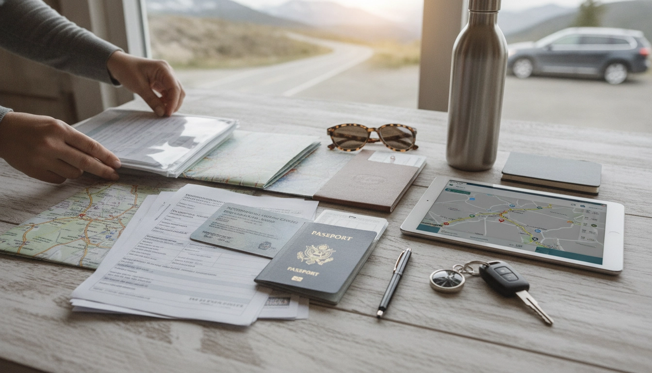 Checklist des documents road trip posée sur une carte routière avec des clés de voiture