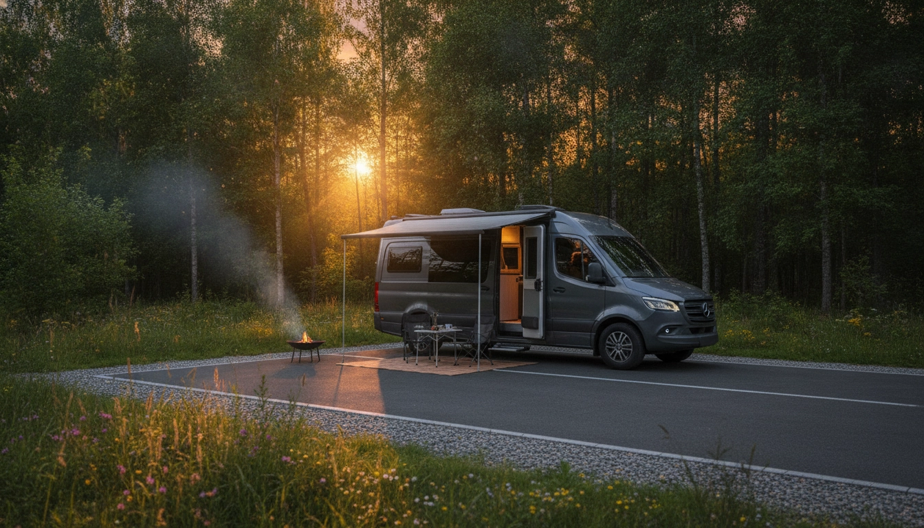 Un van aménagé stationné légalement en bordure de forêt pour dormir en van en forêt domaniale légal France.