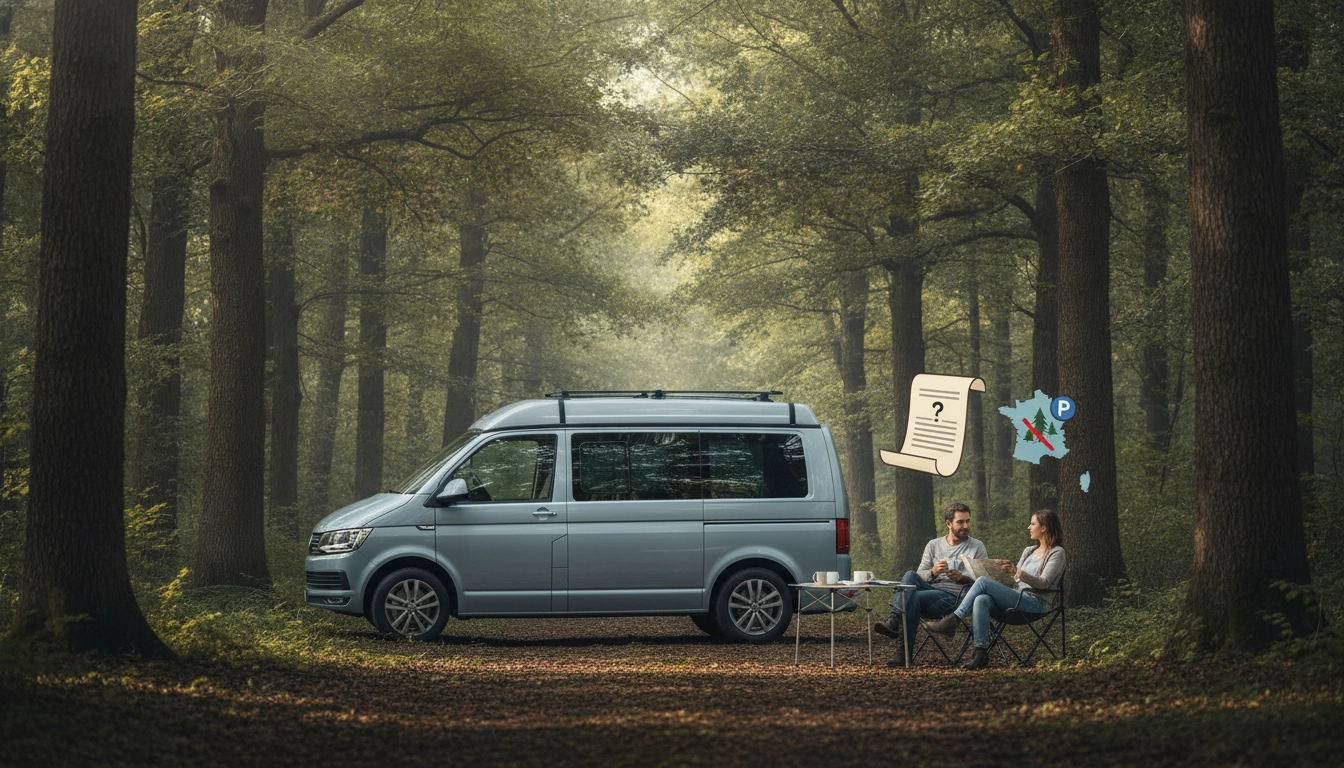 Un van aménagé garé sur un emplacement autorisé pour dormir en van en forêt domaniale légal France en toute sécurité.