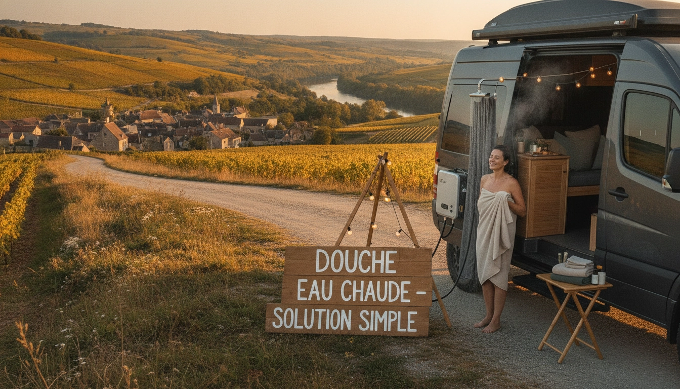 Exemple de douche eau chaude van road trip solution simple installée sur un véhicule aménagé.
