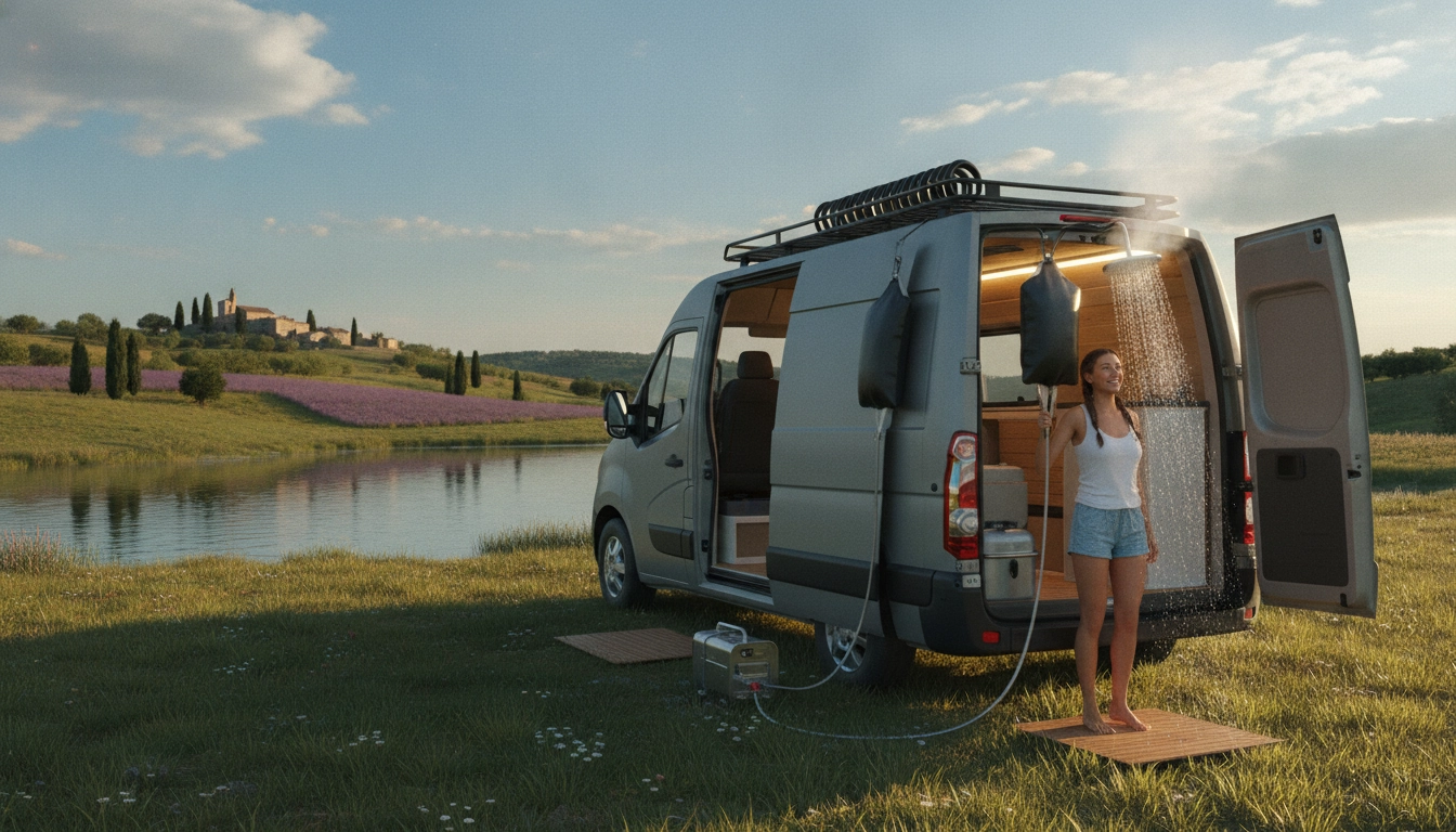 Une installation de douche eau chaude van road trip solution simple fixée à l'arrière d'un van aménagé avec vue sur la montagne.
