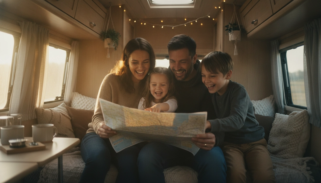 Famille heureuse dans un van pour économiser hébergement road trip famille avec enfants
