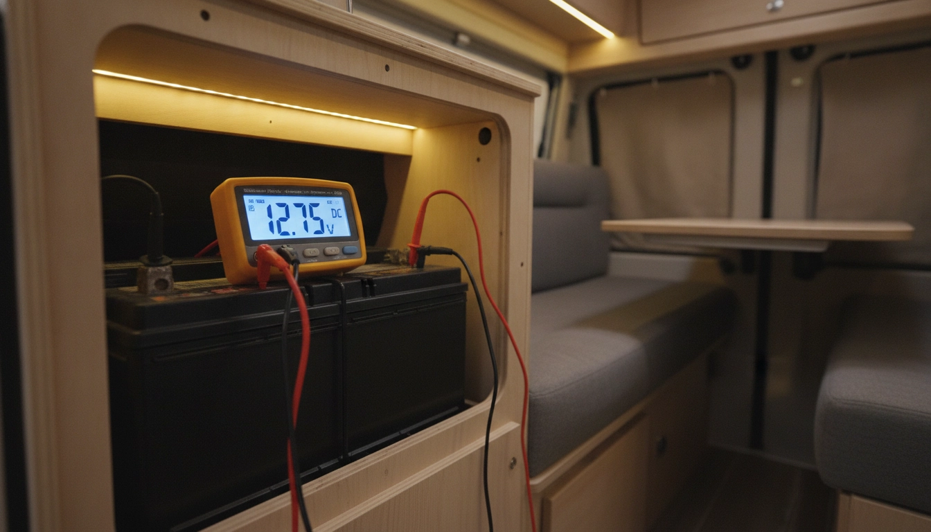 Utilisation d'un multimètre pour l'entretien batterie auxiliaire van aménagé.