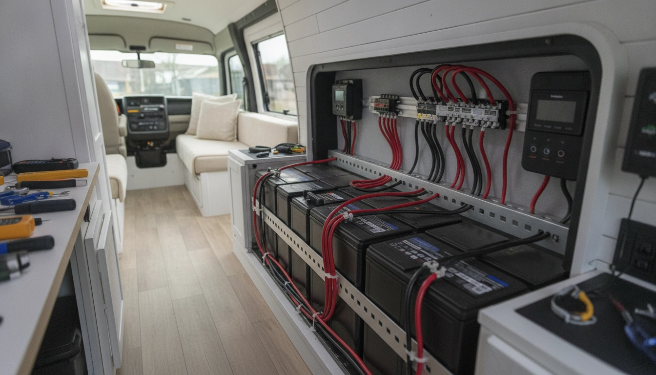 Installation électrique propre après un entretien batterie auxiliaire van aménagé.