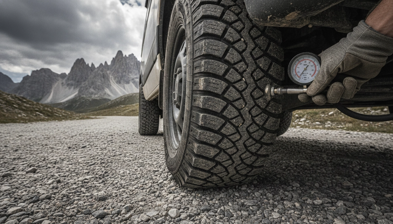 Vérification de la pression des pneus d'un van chargé avant un road trip en montagne