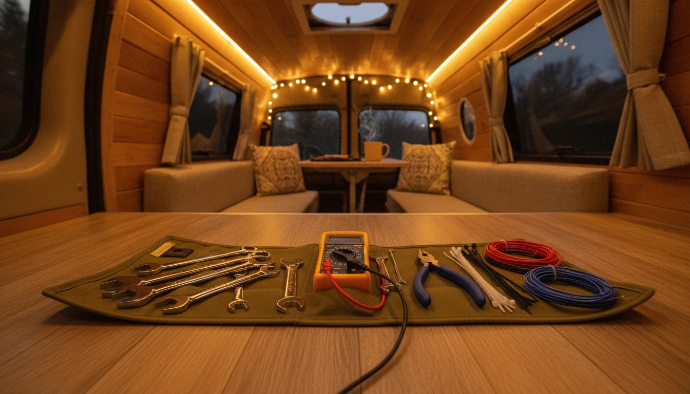 Trousse à outils complète embarquée dans un van aménagé pour faire face aux pannes en autonomie