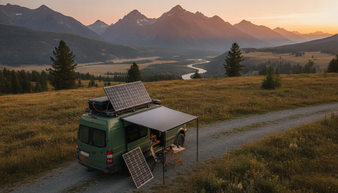 Un van prêt pour l'aventure en totale autonomie dans un paysage naturel