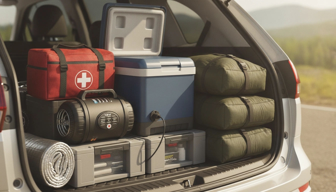 Coffre de voiture parfaitement organisé avec l'équipement véhicule road trip essentiel