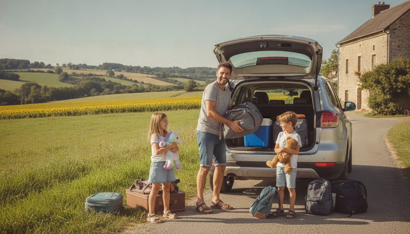 Famille préparant le chargement de leur voiture avant un road trip avec le matériel nécessaire