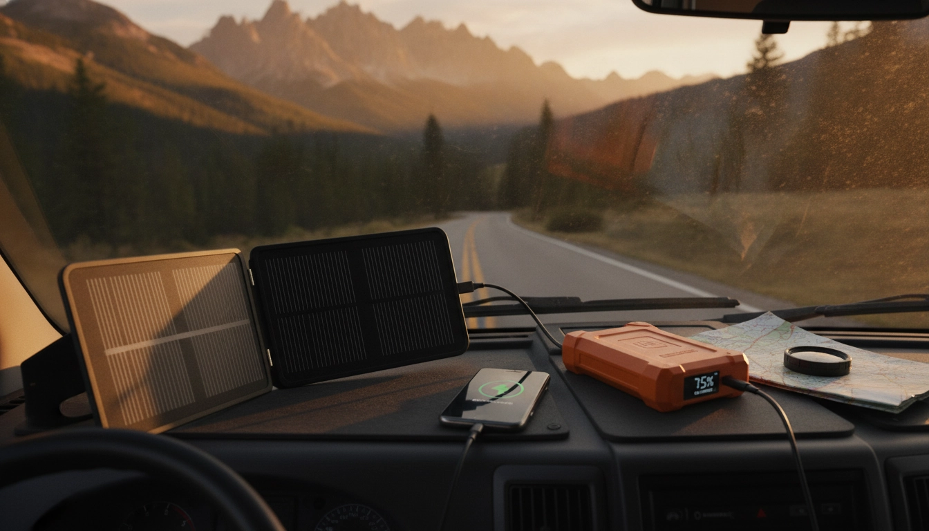 Panneau solaire portable rechargeant des appareils dans un van en road trip autonome