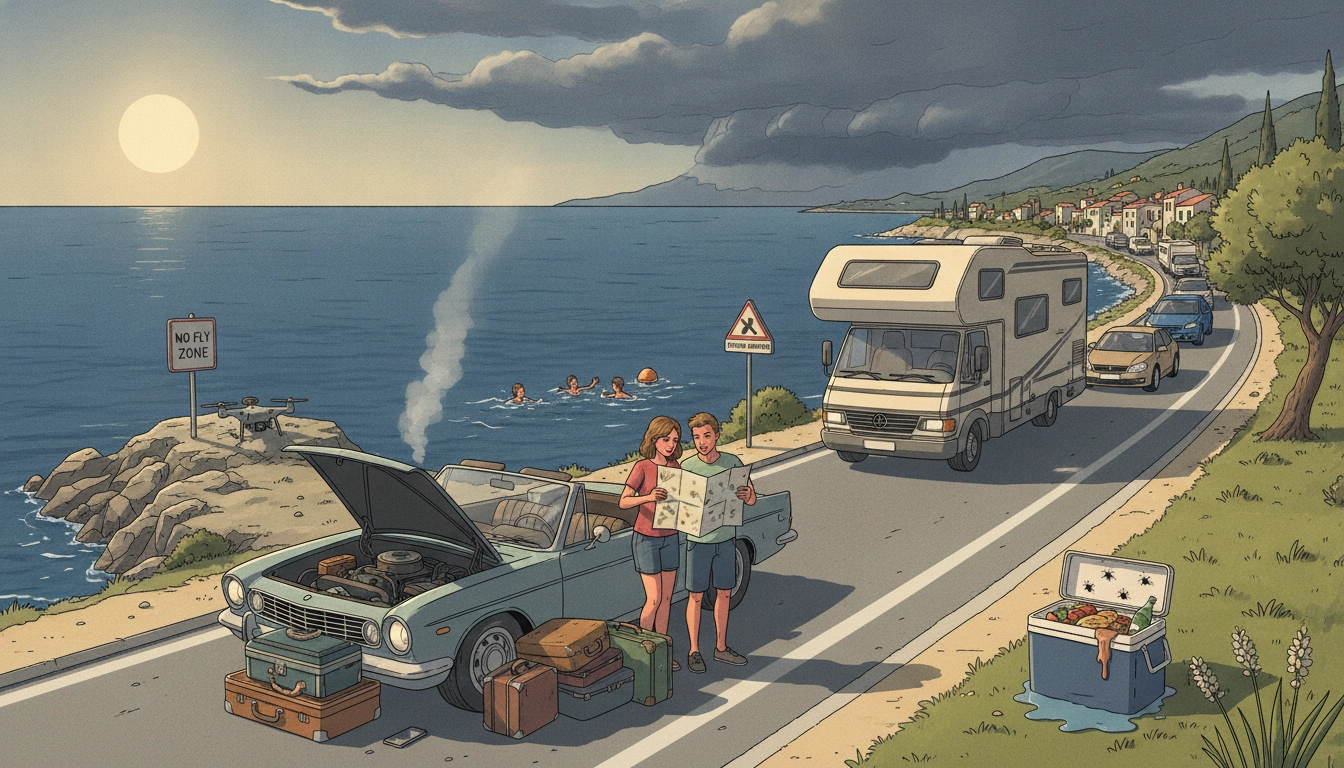 Une voiture longeant la côte méditerranéenne sous un ciel bleu éclatant, illustrant les erreurs à éviter road trip côte méditerranée été.