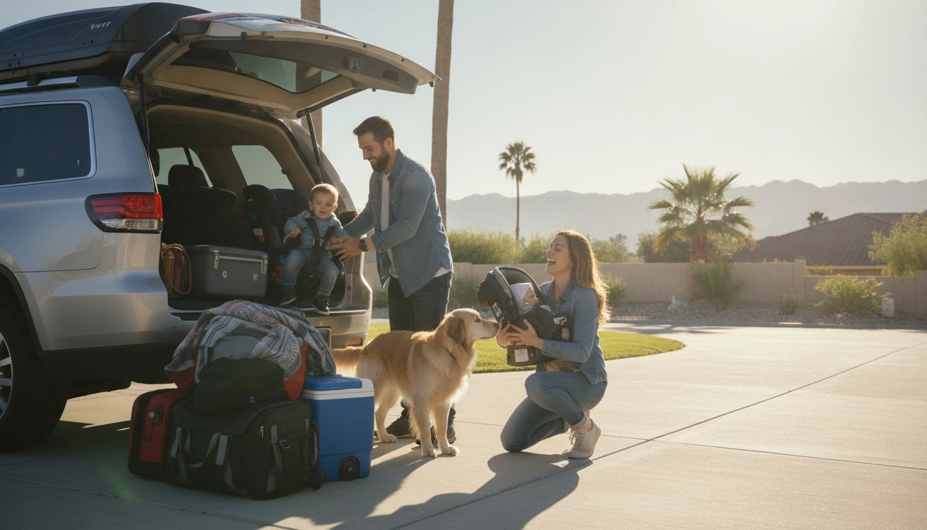 Famille préparant un départ en voyage avec un rehausseur bien installé
