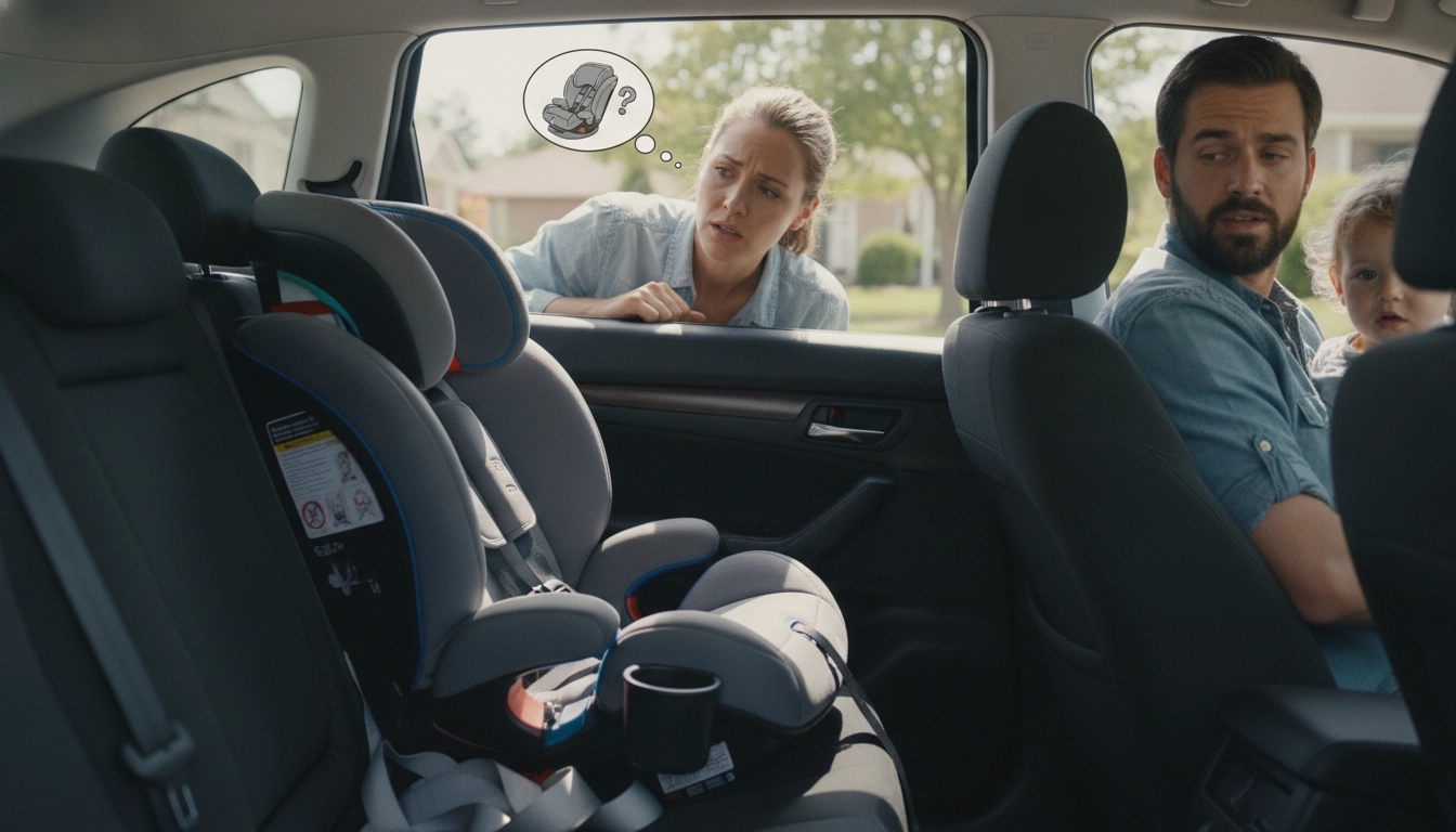 Un parent vérifiant avec soin les erreurs fréquentes installation rehausseur voiture enfant