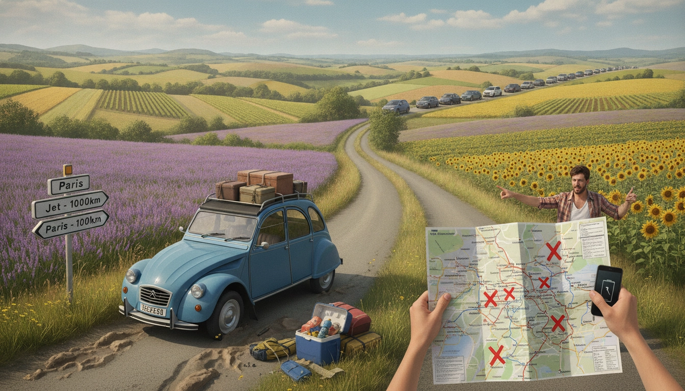 Un paysage de route pittoresque en France illustrant les erreurs à éviter quand on planifie ses étapes de road trip