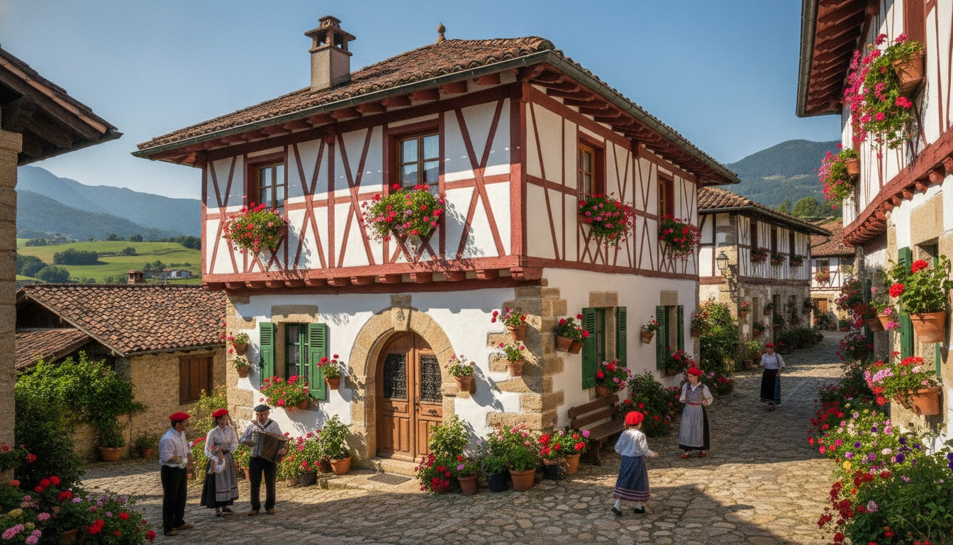 Architecture traditionnelle basque dans un village typique du Pays Basque atlantique.