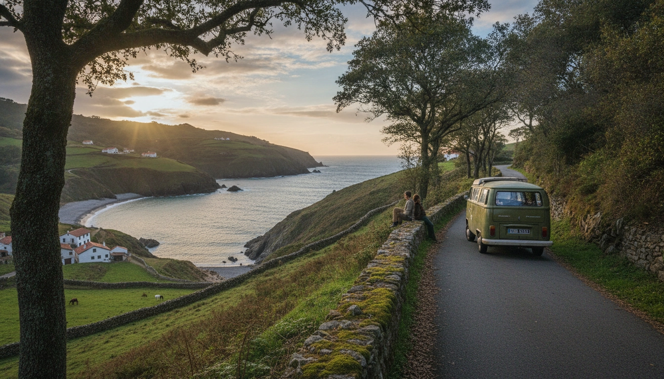 Paysage côtier sauvage lors d'étapes incontournables road trip Pays Basque atlantique au coucher du soleil