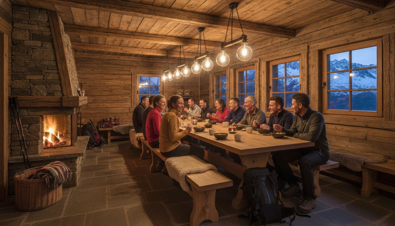 Un groupe de randonneurs respectant l'étiquette et les règles de vie dans un refuge de montagne autour d'une table en bois.