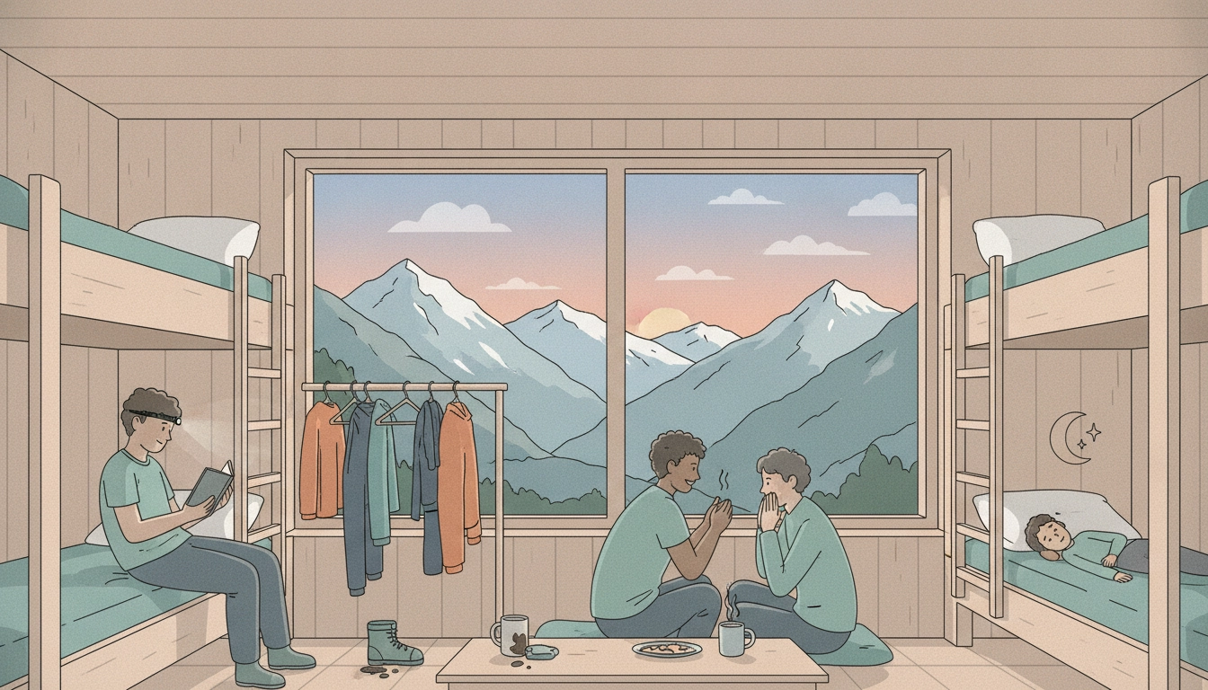 Randonneurs partageant un moment convivial dans un refuge, illustrant l'étiquette et les règles de vie dans un refuge de montagne.