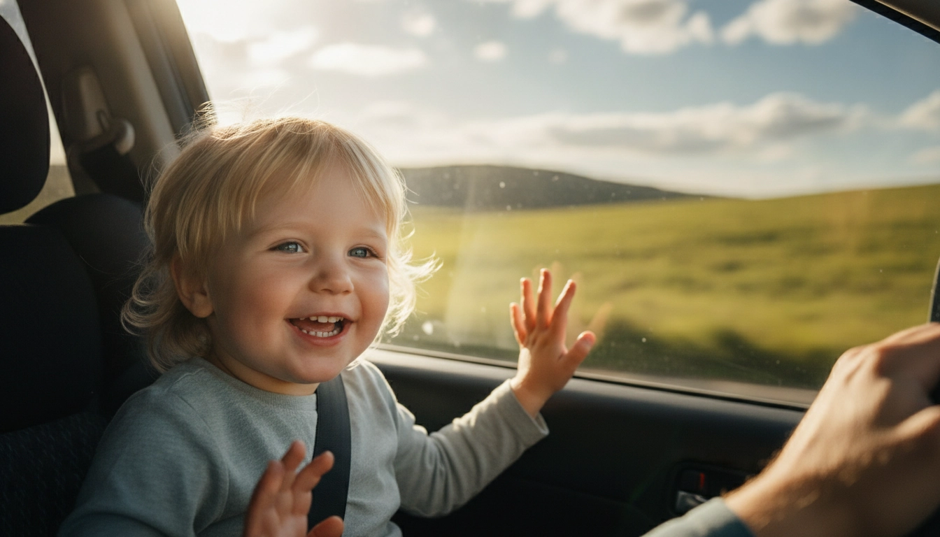 Un enfant souriant regardant par la fenêtre, illustrant comment expliquer le road trip à un enfant de moins de 5 ans avec joie.