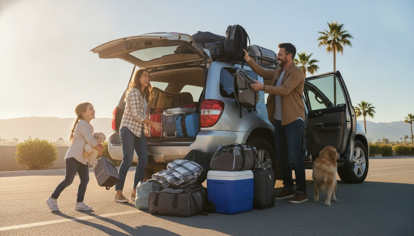 Une famille organisée pour gérer les attentes des enfants avant un long voyage en voiture