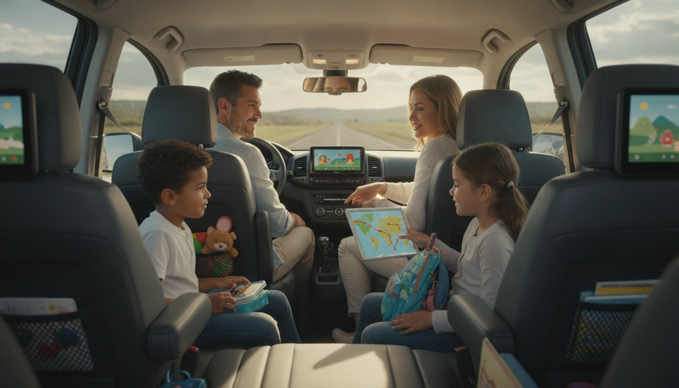 Une famille heureuse et préparée avant de partir en voiture pour les vacances