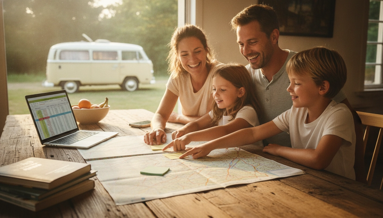 Famille qui planifie comment gérer budget road trip famille autour d'une carte routière de France