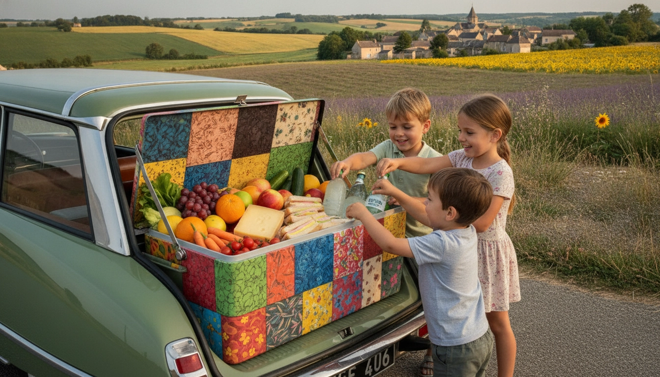 Glacière bien organisée dans le coffre d'une voiture lors d'un road trip en famille en France pour économiser sur les repas