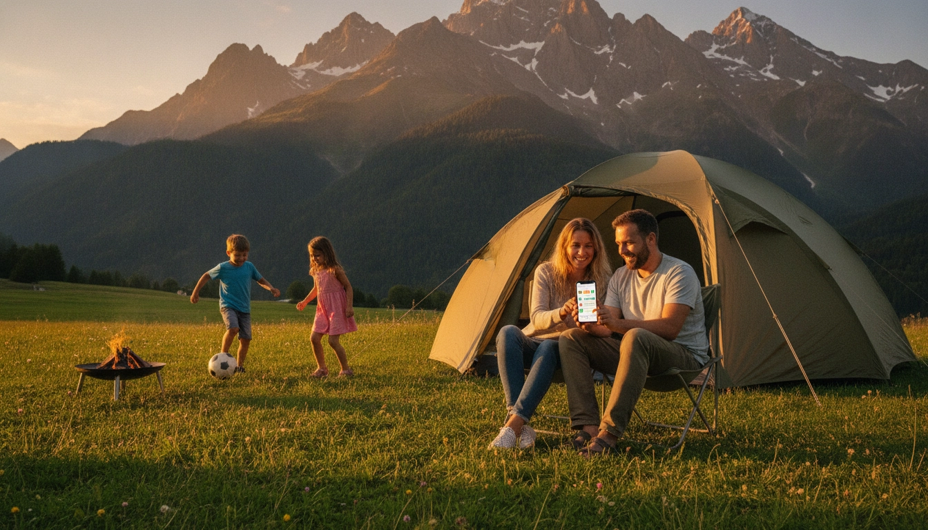 Parents qui suivent leurs dépenses sur une application mobile pendant un road trip en famille en France