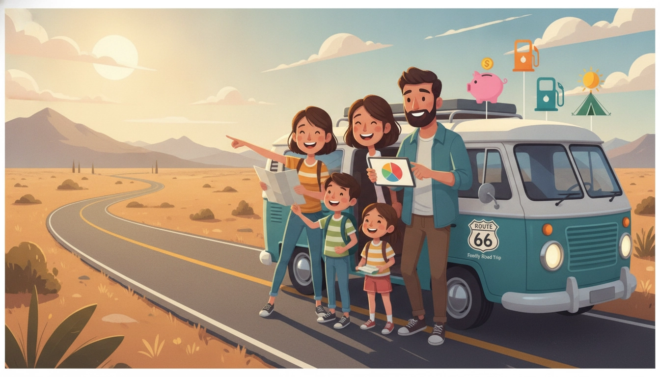 Famille heureuse en road trip devant une carte routière de France, illustrant comment gérer budget road trip famille efficacement
