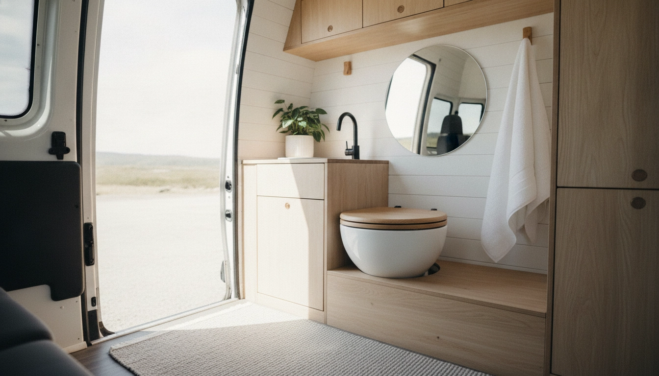 Exemple de toilettes sèches compactes pour savoir comment gérer ses déchets et toilettes en van sans camping efficacement.