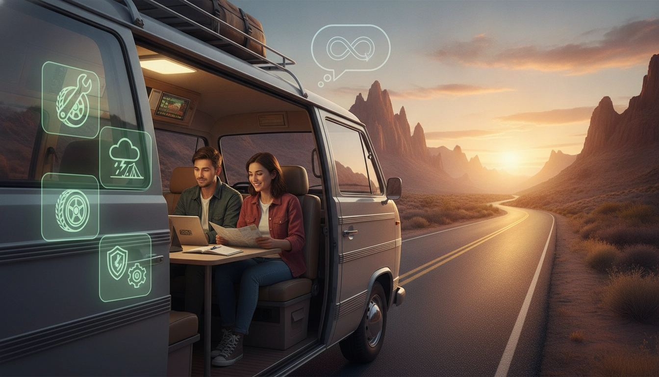 Road-tripper consultant sa carte et son budget sur le capot de son van en France — gérer dépenses imprévues voyage
