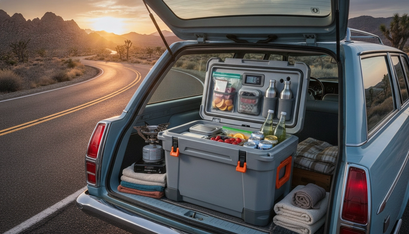 Une glacière bien organisée lors d'un road trip pour une conservation optimale