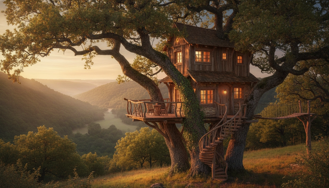 Hébergement insolite en France : cabane dans les arbres illuminée au coucher du soleil en Dordogne