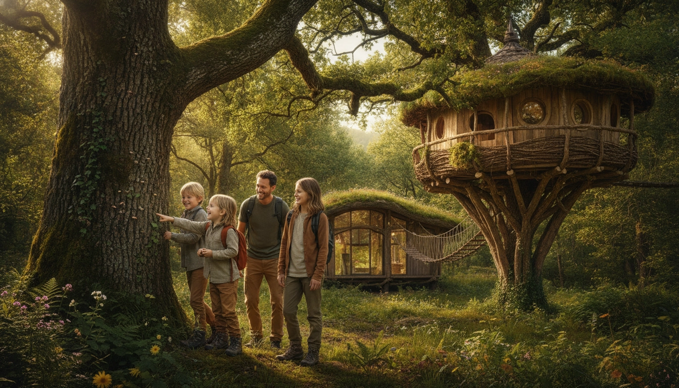 Famille avec enfants devant une cabane écologique dans les arbres en forêt française