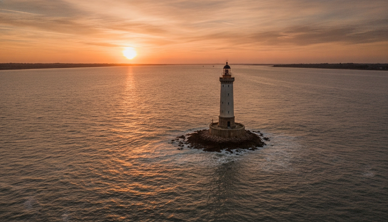 Une vue spectaculaire illustrant l'histoire du phare de Cordouan estuaire de la Gironde au coucher du soleil.